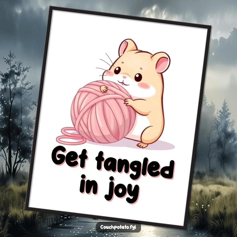 Funny free printable wall art of a cute, playful hamster diligently trying to wind an oversized ball of vibrant yarn.