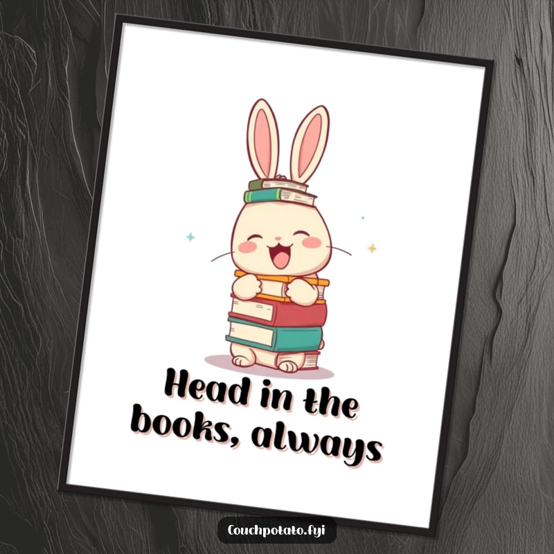 Funny Free Printable Wall Art: A giggling rabbit balancing an impressive stack of books on its head, a whimsical artwork.