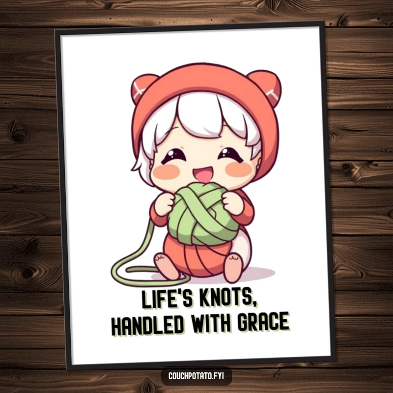 Funny free printable wall art depicting a character with a smile, playfully untangling a rather large and chaotic knot of yarn.