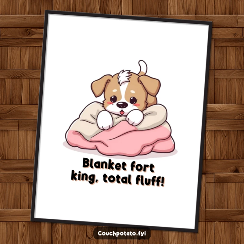 Funny Free Printable Wall Art: an energetic puppy joyfully tumbles headfirst into a pile of blankets.
