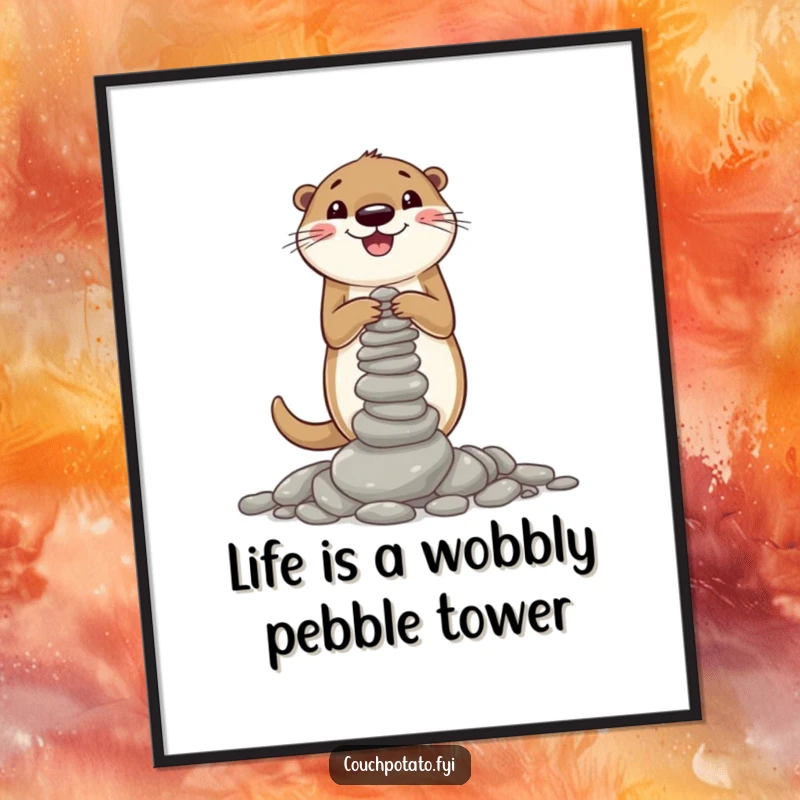 Funny Free Printable Wall Art: Cheerful otter meticulously building a wobbly pebble tower, perfect whimsical home decor.