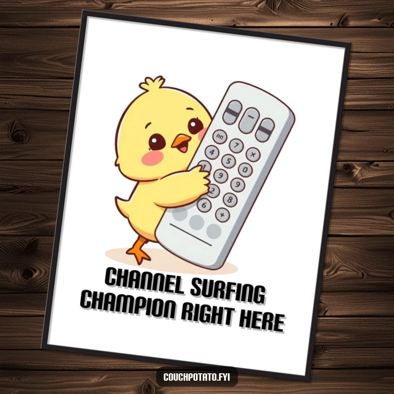 Funny Free Printable Wall Art: Small chick adorably hugging a ridiculously oversized TV remote control, digital art.