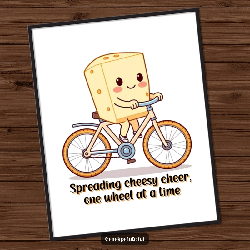 Funny Free Printable Wall Art depicting a happy cream cheese block cycling with gusto on a cracker bicycle.