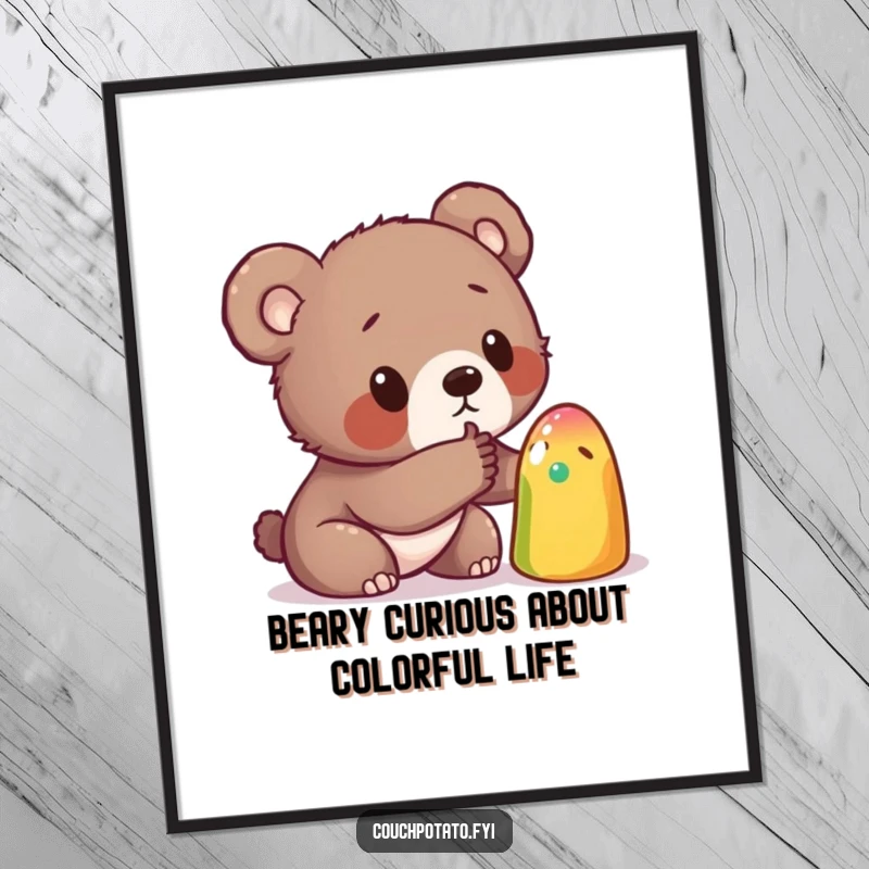 Funny Free Printable Wall Art: Curious bear cub poking a strange colorful object, whimsical home decor.