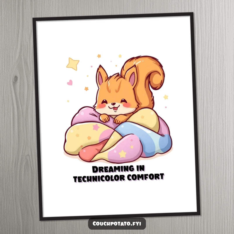 Funny free printable wall art depicting a joyful squirrel happily dreaming while buried deep in a pile of colorful blankets.