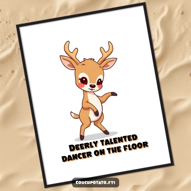 Funny Free Printable Wall Art: Playful deer attempting a complex dance move, ideal for whimsical home decor.
