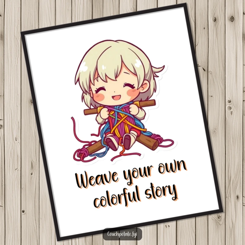 Funny Free Printable Wall Art: A happy character is happily weaving colorful yarn into a complex, intricate pattern.