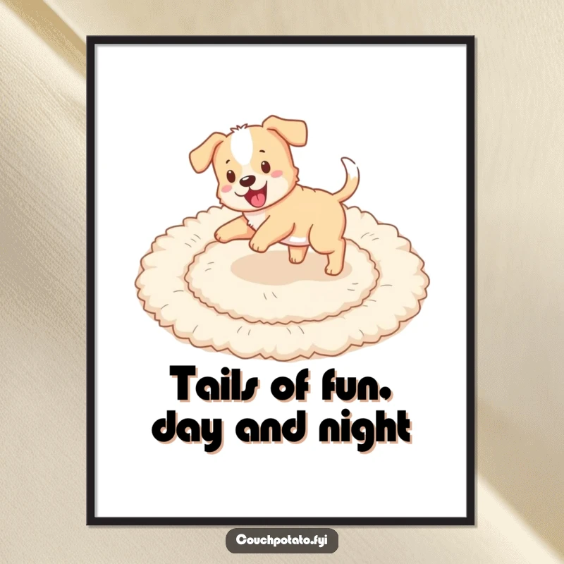 Funny free printable wall art depicting a playful puppy chasing its tail in circles on a fluffy rug, full of energy.