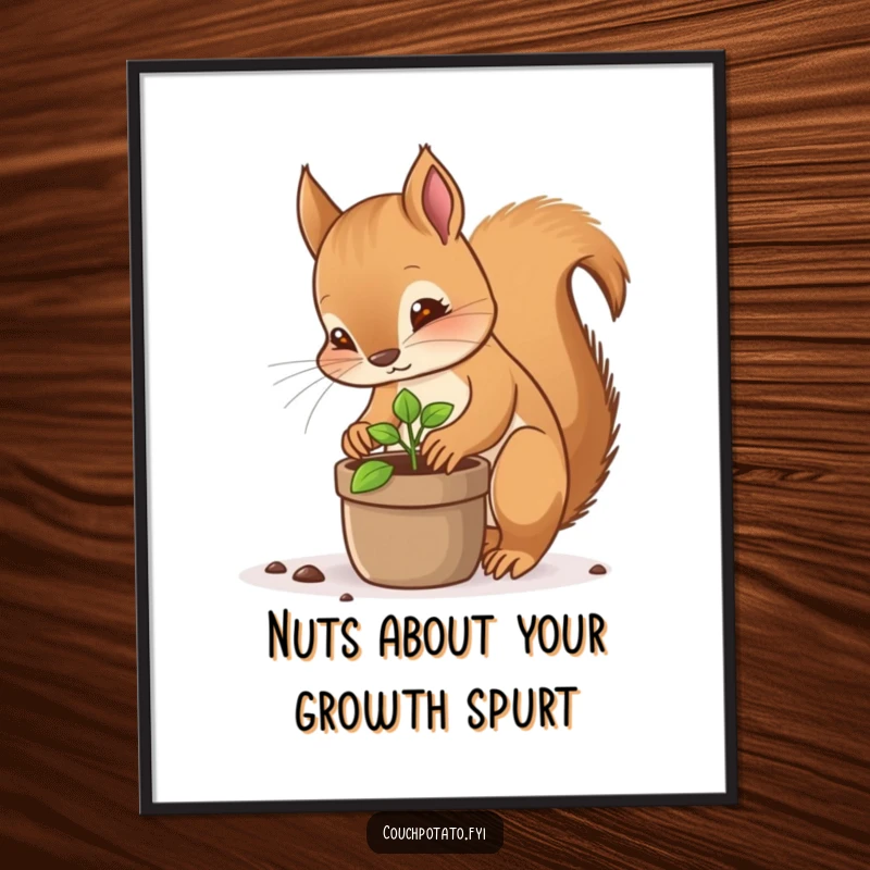 Funny Free Printable Wall Art: Focused squirrel planting a tiny sprout in a pot, radiating calm creativity.