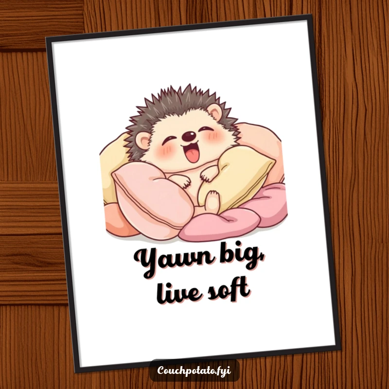Funny free printable wall art depicting a content hedgehog snuggled amongst soft cushions, letting out a big, sleepy yawn.