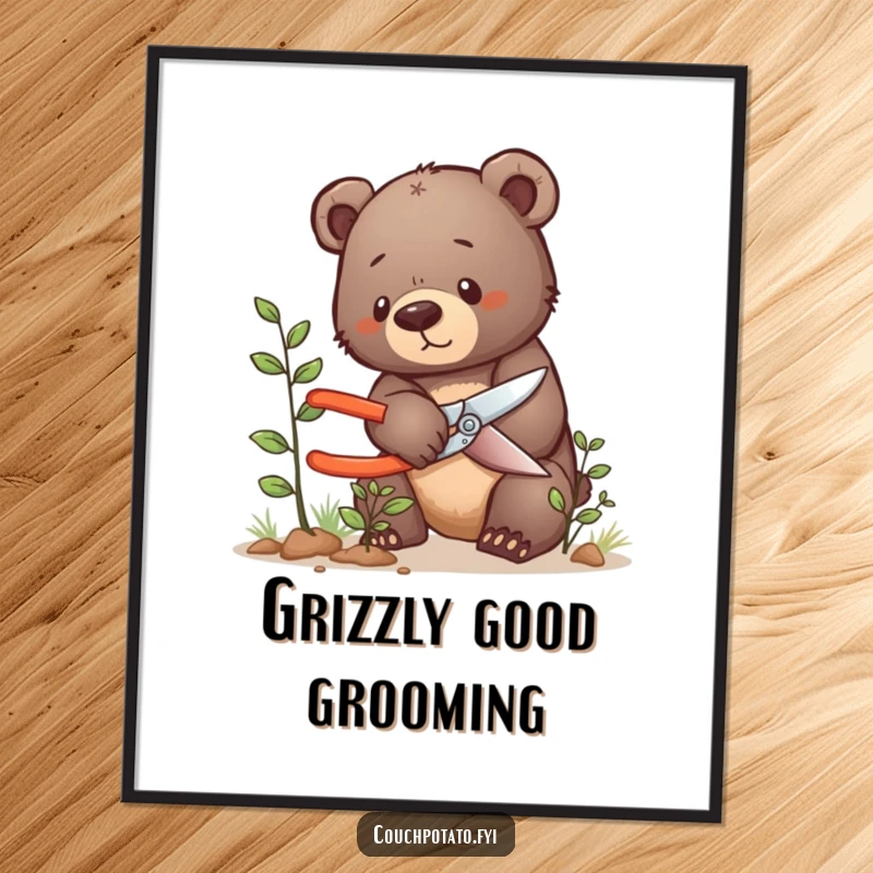 Free Printable Bear Cub Wall Art featuring a determined cub carefully pruning a small bush, embodying focus and gentle growth.
