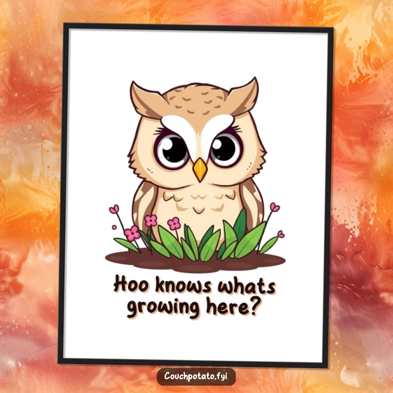 Funny Free Printable Owl Wall Art featuring a curious owl with large, observant eyes peering into a miniature garden landscape.
