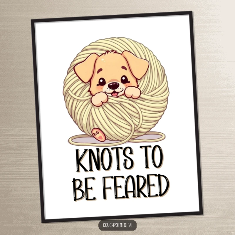 Funny Free Printable Wall Art: A playful puppy is hilariously tangled in a giant ball of yarn, creating whimsical decor.