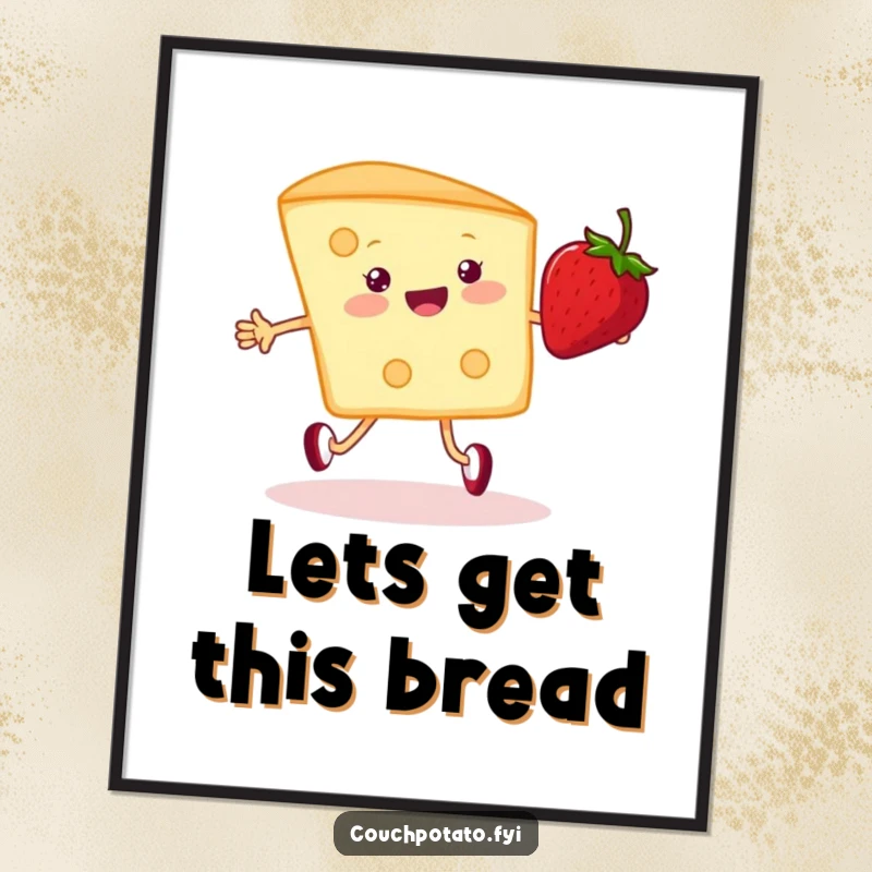 Funny Free Printable Wall Art of a Cheerful Cream Cheese Wedge Happily Jumping Rope with a Strawberry