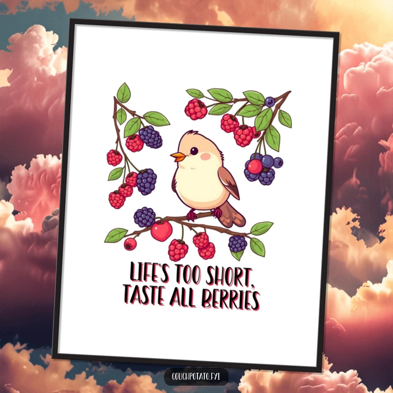 Funny Free Printable Wall Art: Busy bird tasting various berries from different branches, whimsical home decor.