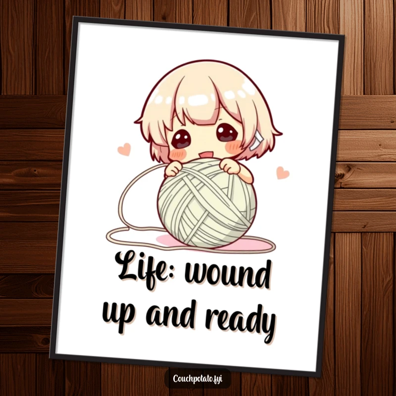 Funny Free Printable Wall Art: Character energetically winding yarn, perfect for a creative and humorous home decor piece.