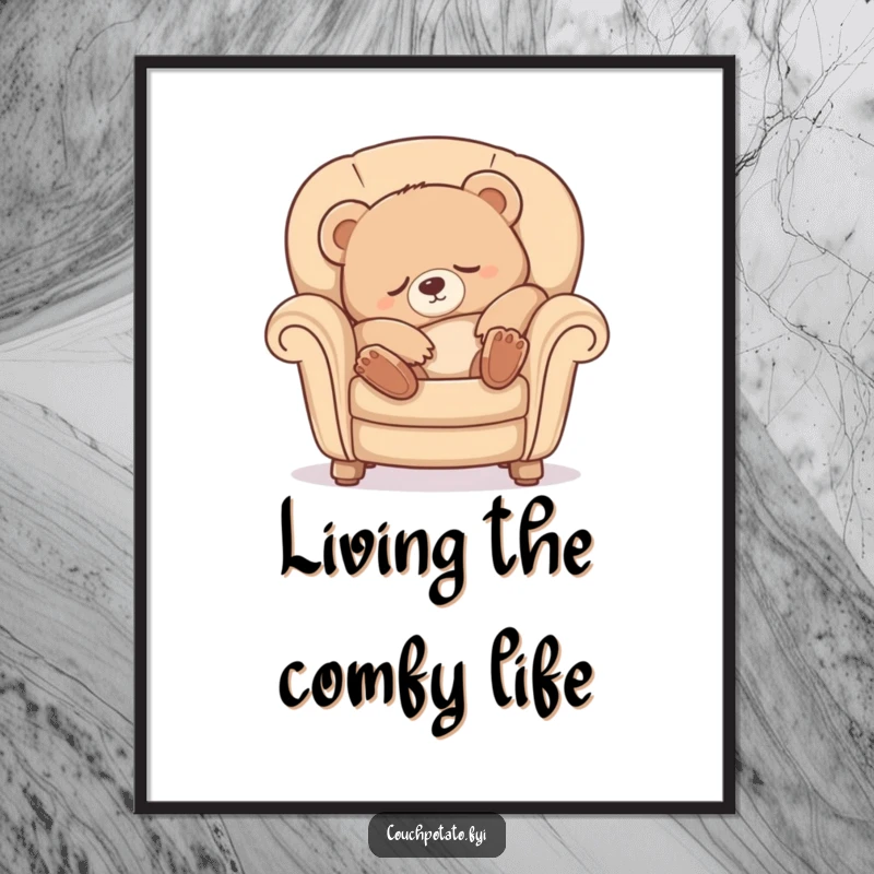 Funny Free Printable Wall Art: Sleepy bear cub stretching luxuriously into a comfy armchair, bringing cozy vibes.