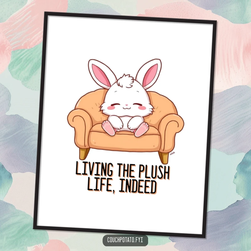 Funny Free Printable Wall Art: A fluffy bunny lies on a plush sofa, eyes closed, with a blissful, contented smile.