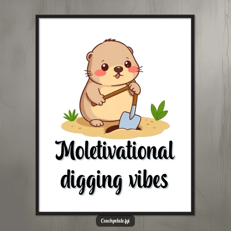 Funny Free Printable Wall Art: Diligent mole digging a hole with a spade, creating a cozy underground scene.