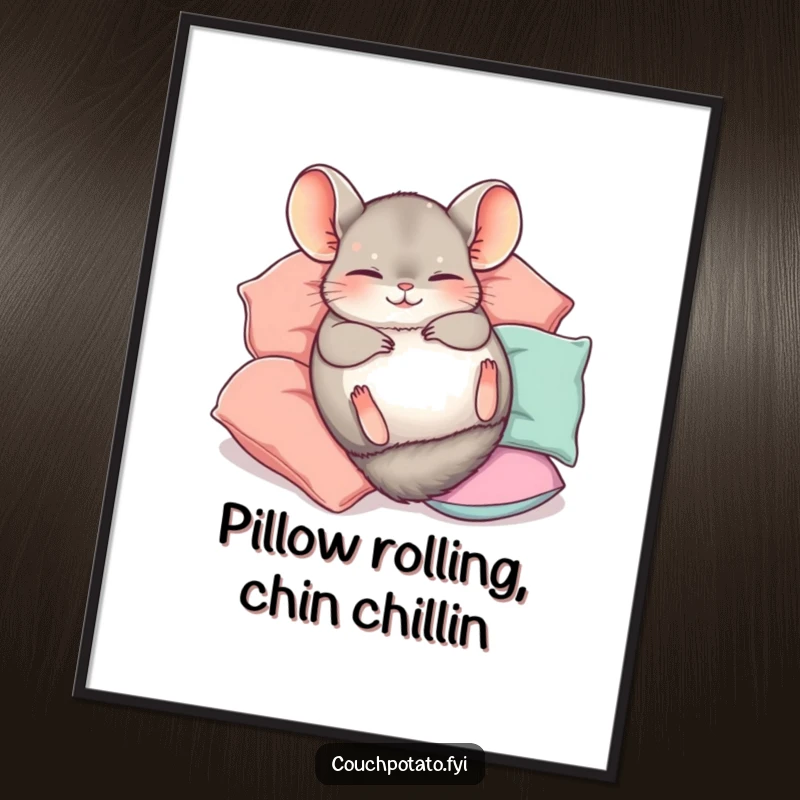Funny Free Printable Wall Art: Chinchilla happily rolling on its back, surrounded by pillows, radiating cheerful energy.