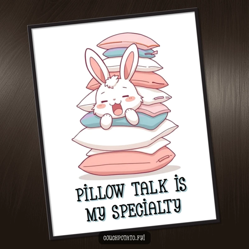 Funny Free Printable Wall Art: A fluffy bunny yawns while balancing an enormous pile of pillows, adding whimsical decor.