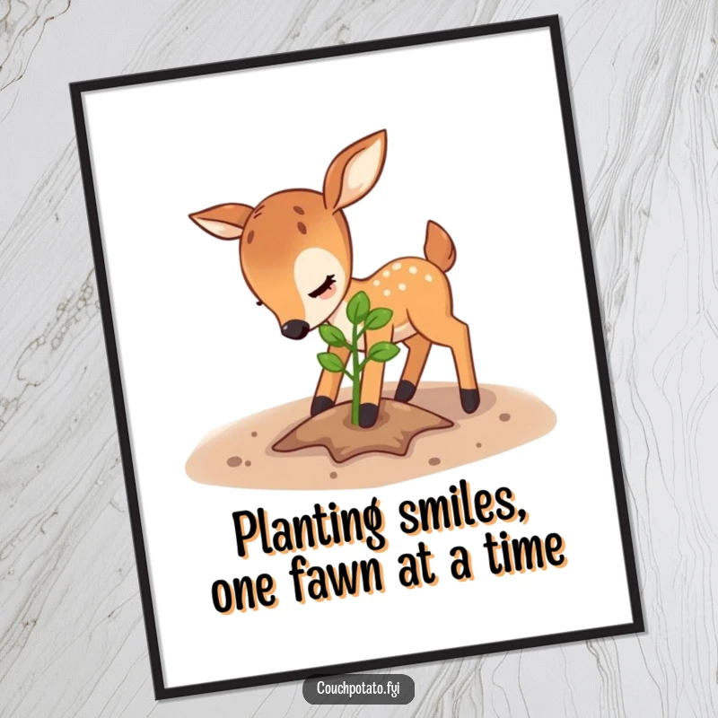 Free Printable Deer Wall Art featuring a playful deer tending a young sapling, evoking feelings of growth, peace, and gentle nature.