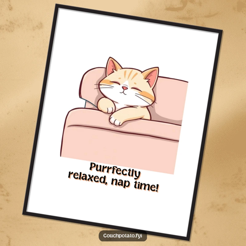 Funny Free Printable Wall Art: a content cat peacefully naps with a paw dangling off a sofa.