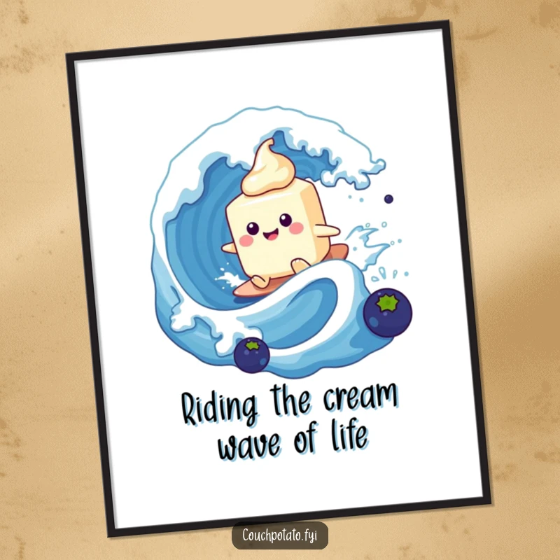 Funny Free Printable Wall Art of a smiling cream cheese tub catching a giant blueberry wave with style.