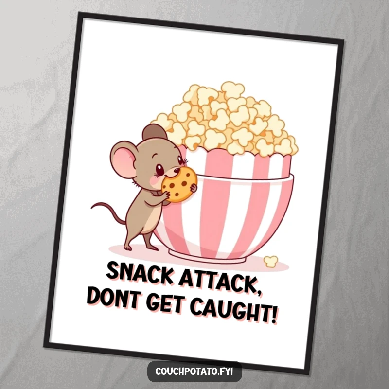 Funny Free Printable Wall Art: a tiny mouse with a sly grin steals a cookie from popcorn.
