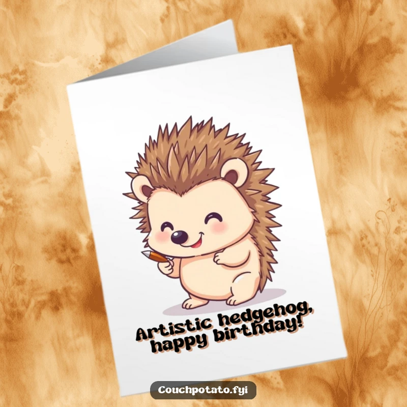 Funny Free Printable Birthday Card: Smiling hedgehog using its quills to draw, perfect for a unique DIY gift.
