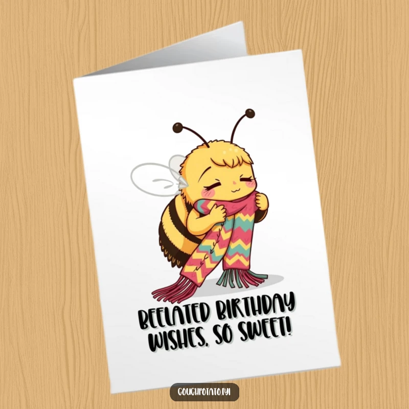 Funny Free Printable Birthday Card: Busy bee concentrating hard, skillfully knitting a long, colorful scarf, celebrating a birthday.