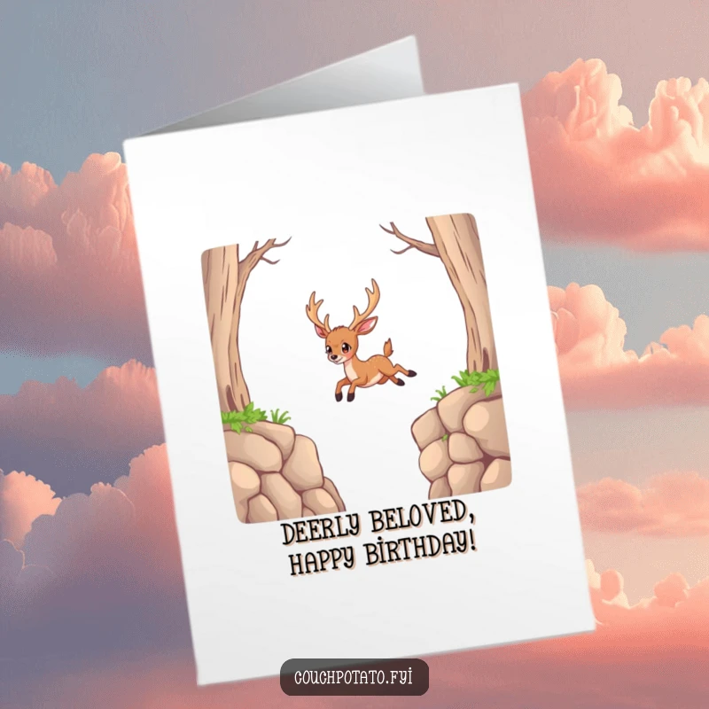 Funny Free Printable Birthday Card: A determined deer preparing to leap across a vast, impossible-looking gap with focus.