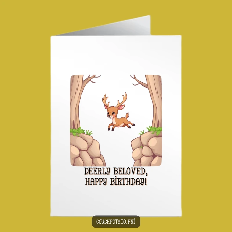 Free Printable Funny Birthday Card: Deer Leaping Big Gap