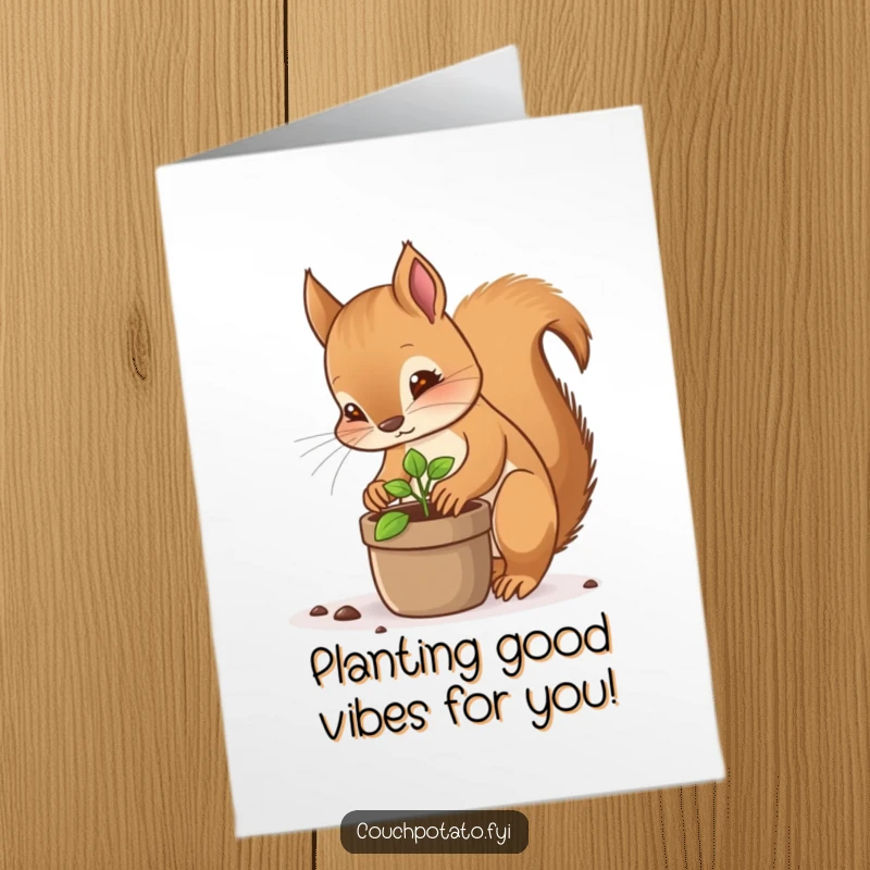 Funny Free Printable Birthday Card: Focused squirrel diligently planting a sprout in a pot, celebrating growth.
