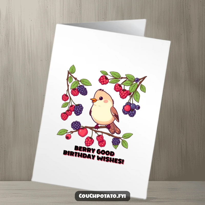 Funny Free Printable Birthday Card: Busy bird tasting berries from different branches, delightful for a DIY gift.