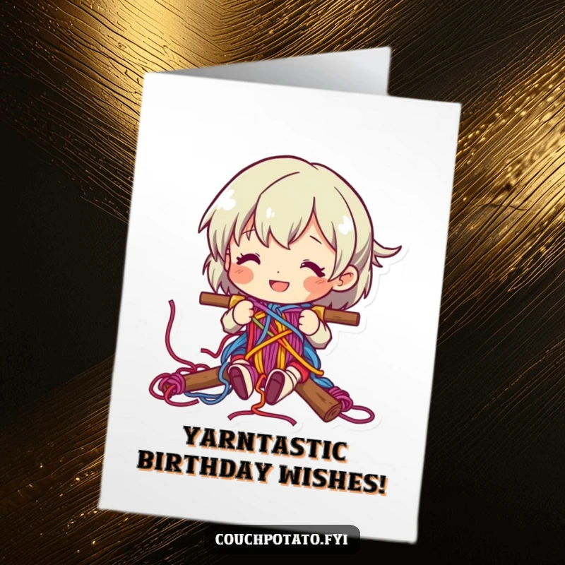 Funny Free Printable Birthday Card: A character happily weaves colorful yarn into a complex, beautiful pattern.