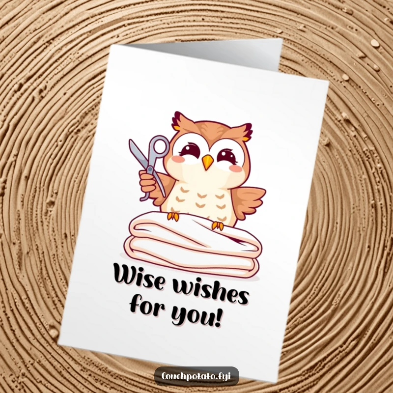 Funny free printable birthday card of a joyful owl holding sharp scissors poised above a neatly folded piece of colorful fabric.