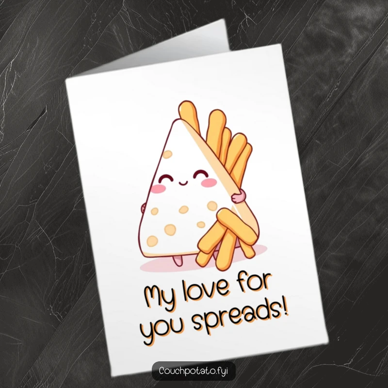 Funny Free Printable Birthday Card: A smitten triangle of cream cheese holds a bouquet of tiny breadsticks, celebrating a birthday with love.