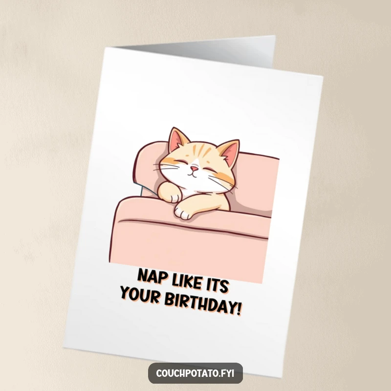 Funny Free Printable Birthday Card: a content cat dozes on a sofa, one paw dangling.