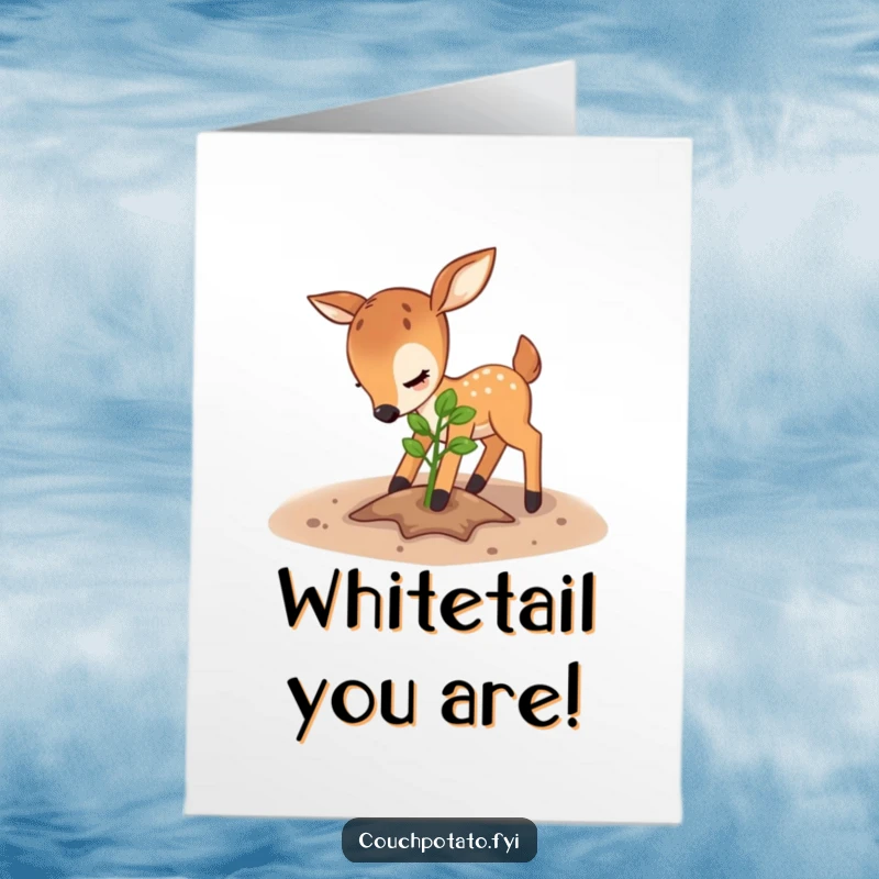 Free Printable Deer Birthday Card featuring a playful deer gently patting soil around a young sapling, symbolizing growth and joy.