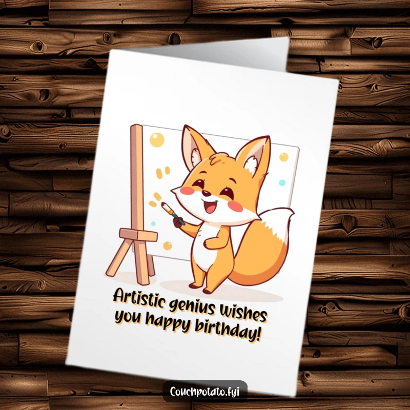 Funny Free Printable Birthday Card: Cheerful fox artist smiling wide, enthusiastically painting a masterpiece canvas.