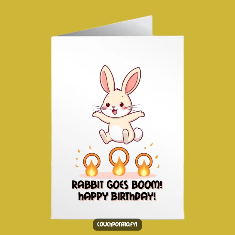 Free Printable Funny Birthday Card: Brave Rabbit Jumping Fire Hoops