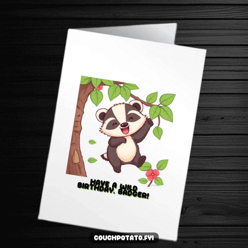 Funny Free Printable Birthday Card: A cheerful badger joyfully swinging from a vine with a loud, excited 'whoop'.