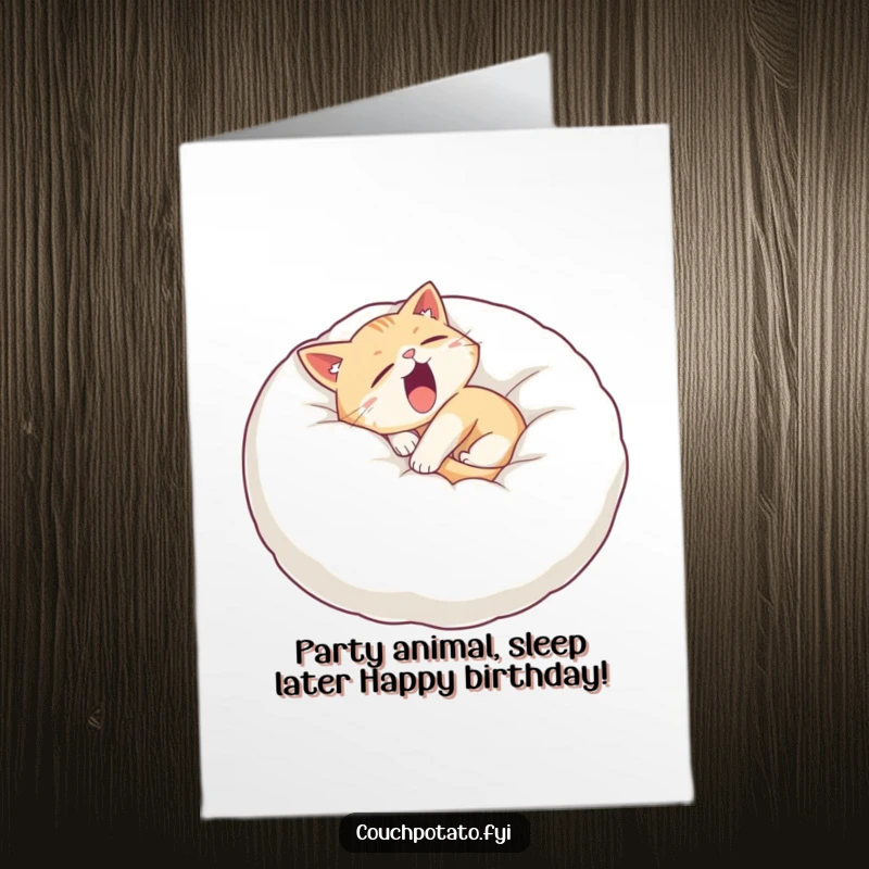 Funny Free Printable Birthday Card: Sleepy cat curled on a giant pillow, yawning widely, exuding maximum chill and humor.