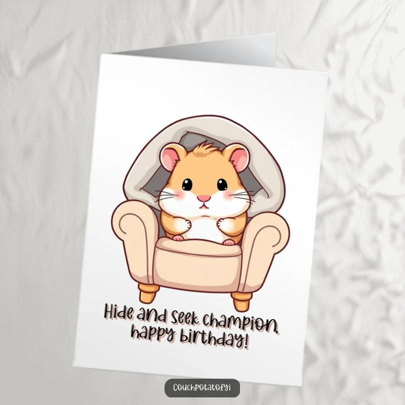 Funny Free Printable Birthday Card: Chubby hamster peeking from under a blanket, looking cozy and sweet, ready for celebration.