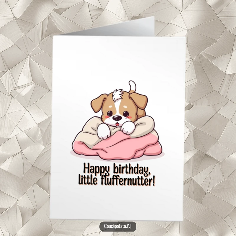 Funny Free Printable Birthday Card: an energetic puppy tumbles into blankets, tail wagging wildly.