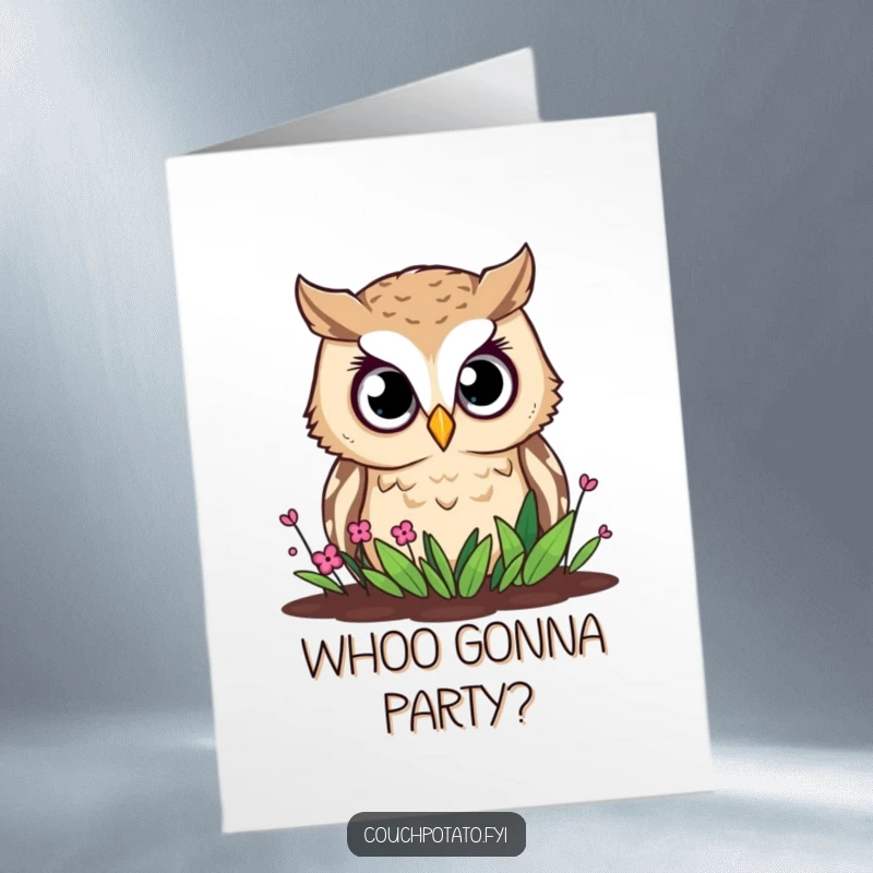 Funny Free Printable Owl Birthday Card showing a curious owl with wide eyes peering into a small garden bed, ready for a celebration.