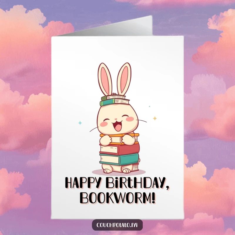 Funny Free Printable Birthday Card: Giggling rabbit attempting to balance a tall stack of books on its head, a silly scene.