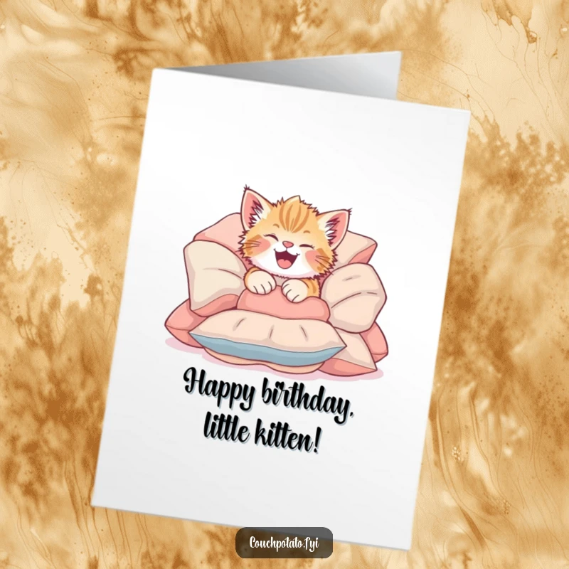 Funny Free Printable Birthday Card: Giggling kitten joyfully tumbling headfirst into a soft pile of cushions.