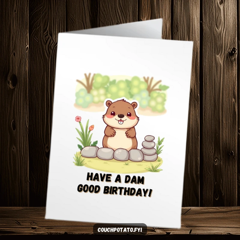 Free Printable Beaver Birthday Card showing a smiling beaver diligently stacking stones to create a garden border, ready for celebration.